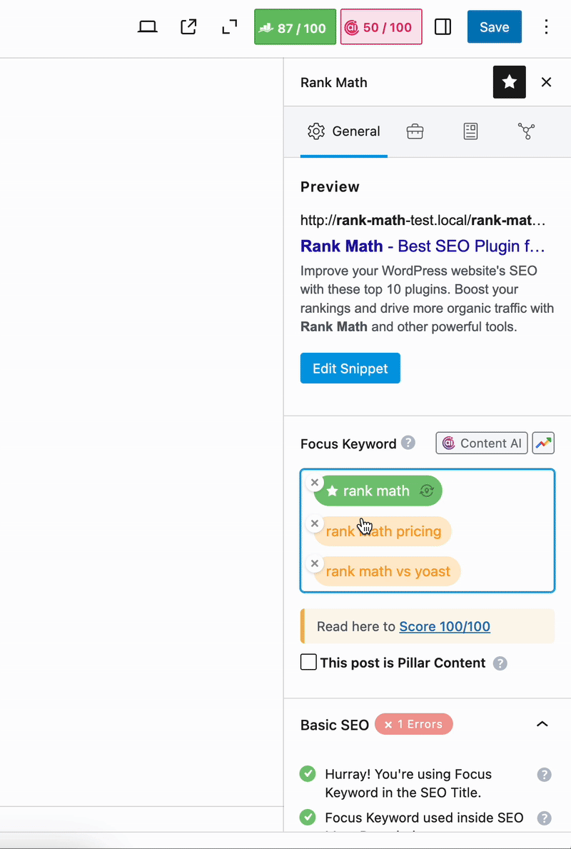 Reorder focus keywords in Rank Math PRO