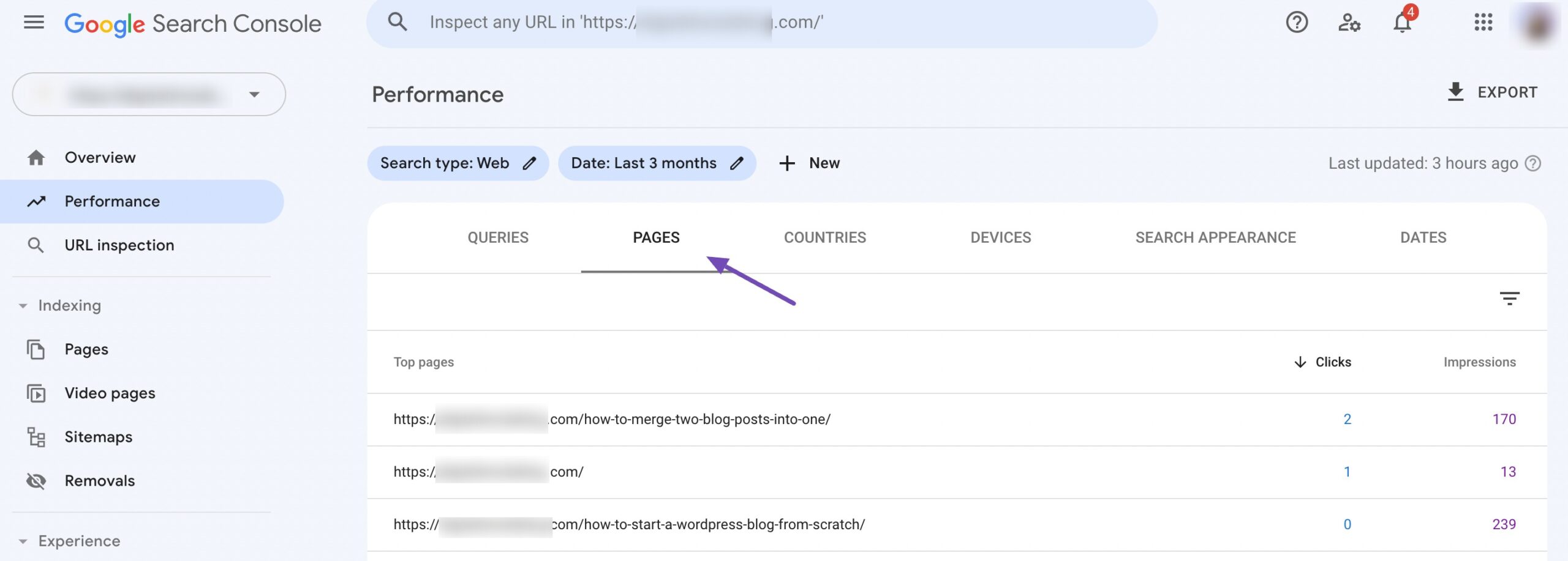 Pages tab in Google Search Console