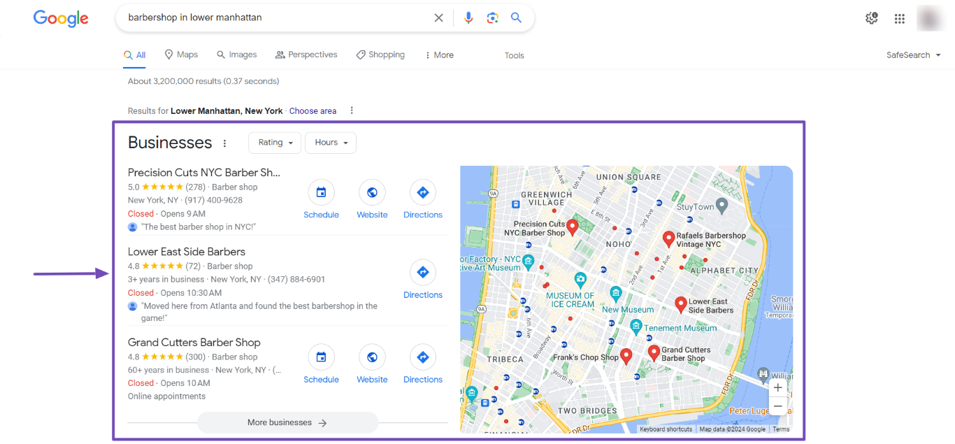 Sample of the local pack on a search results page