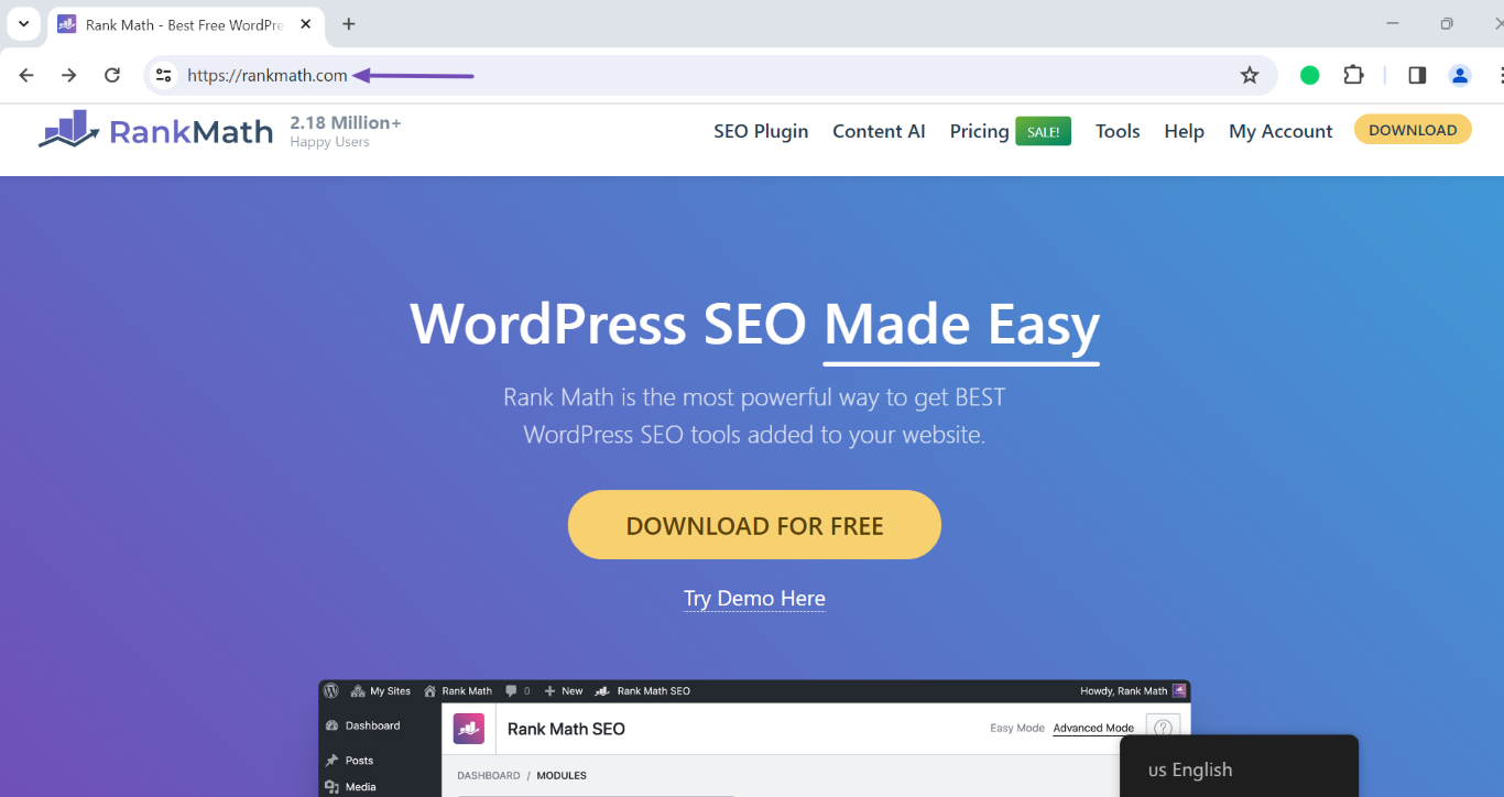Example of the URL displayed after the redirection