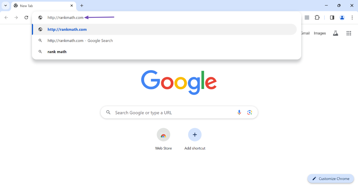 Example of the URL entered into the address bar