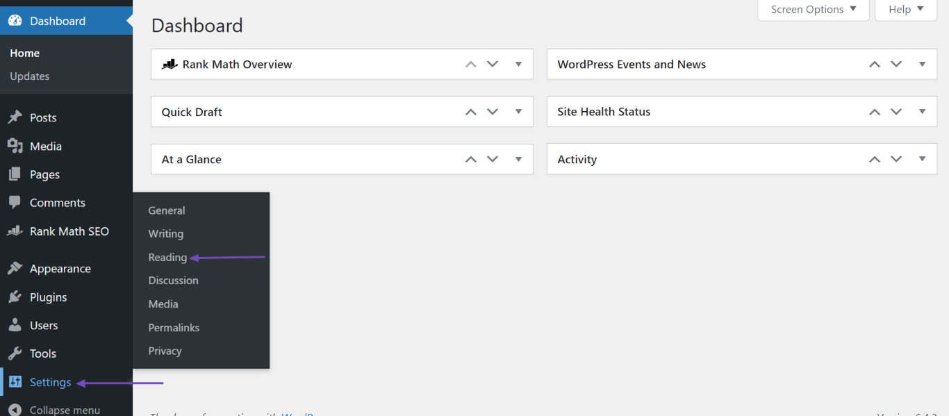 Head to the Reading settings in WordPress