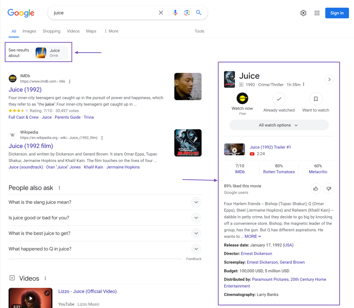 Sample of the Knowledge Panel and See more results option on a search results page