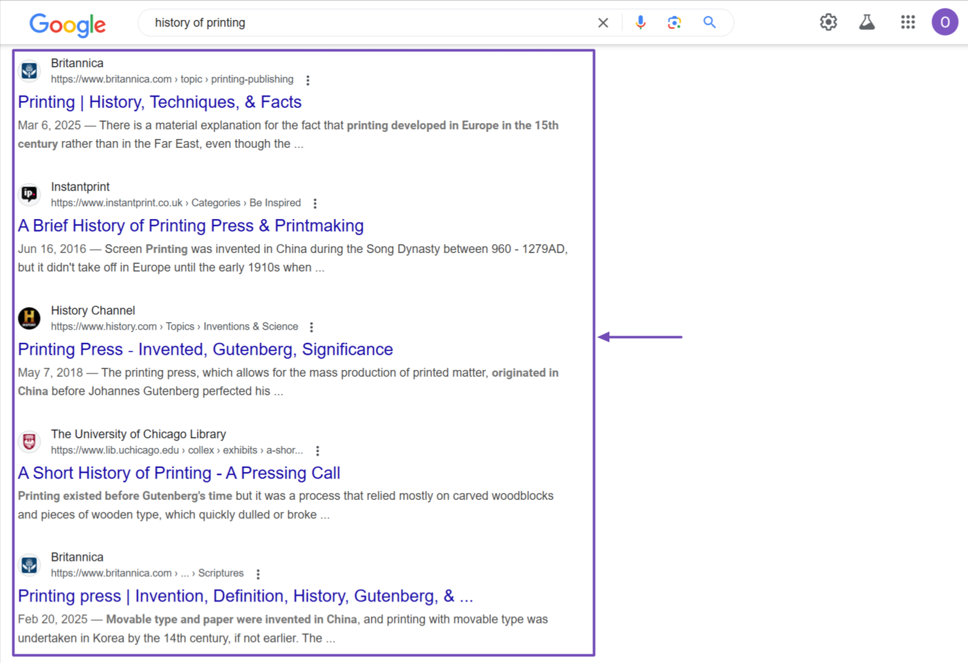Sample of the 10 blue link on the search results page
