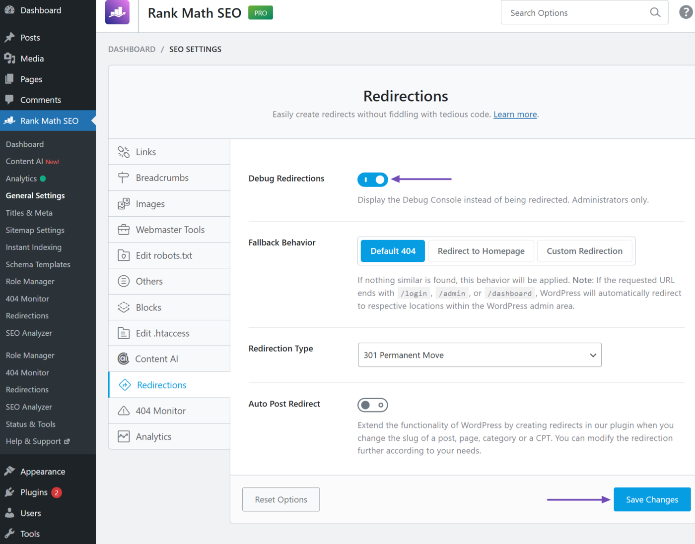 Enable Debug Redirections and click Save Changes