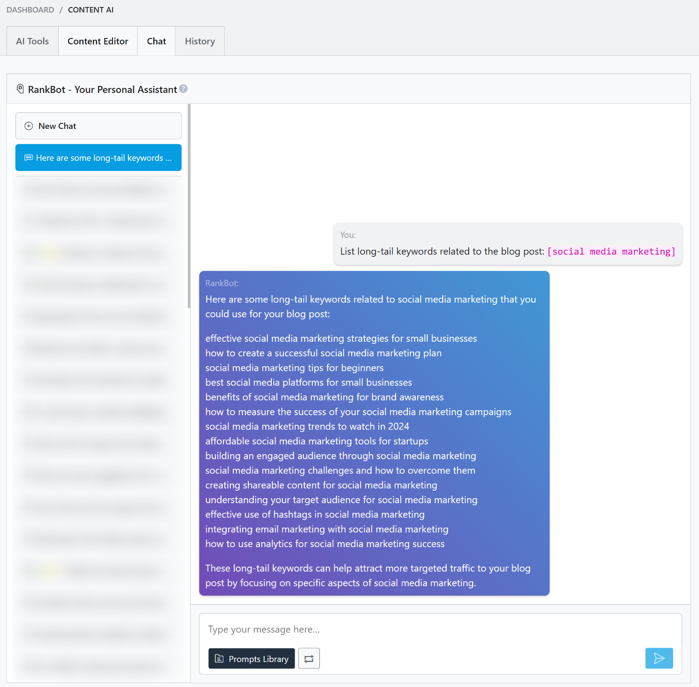 Long tail keyword ideas from RankBot