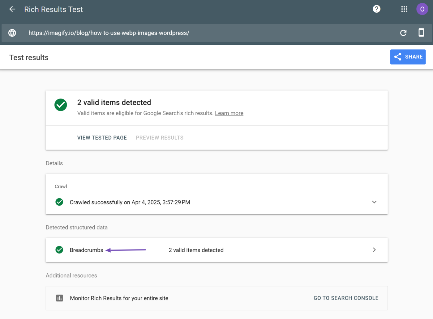 Review the structured data on the URL