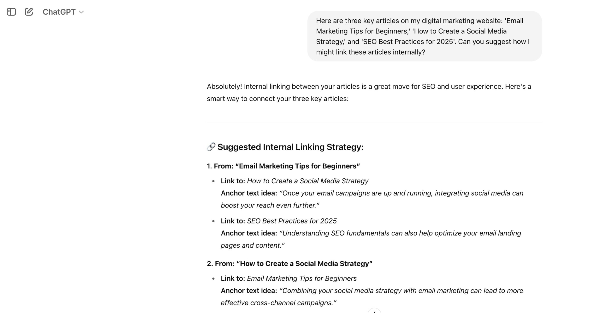 ChatGPT internal linking suggestions