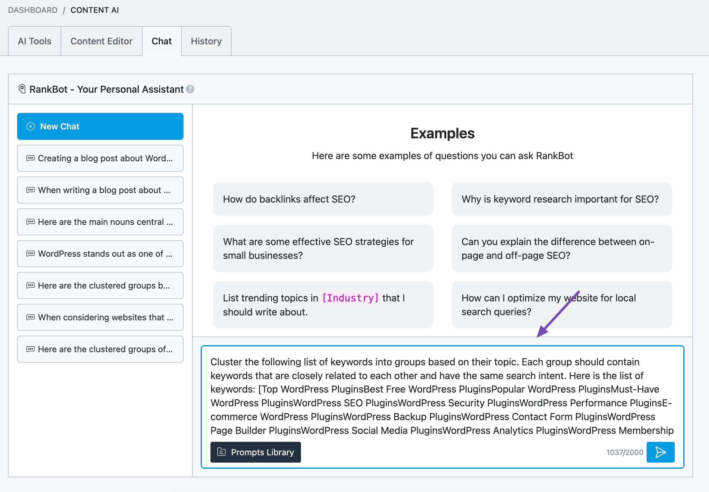 Keyword Cluster prompt in RankBot
