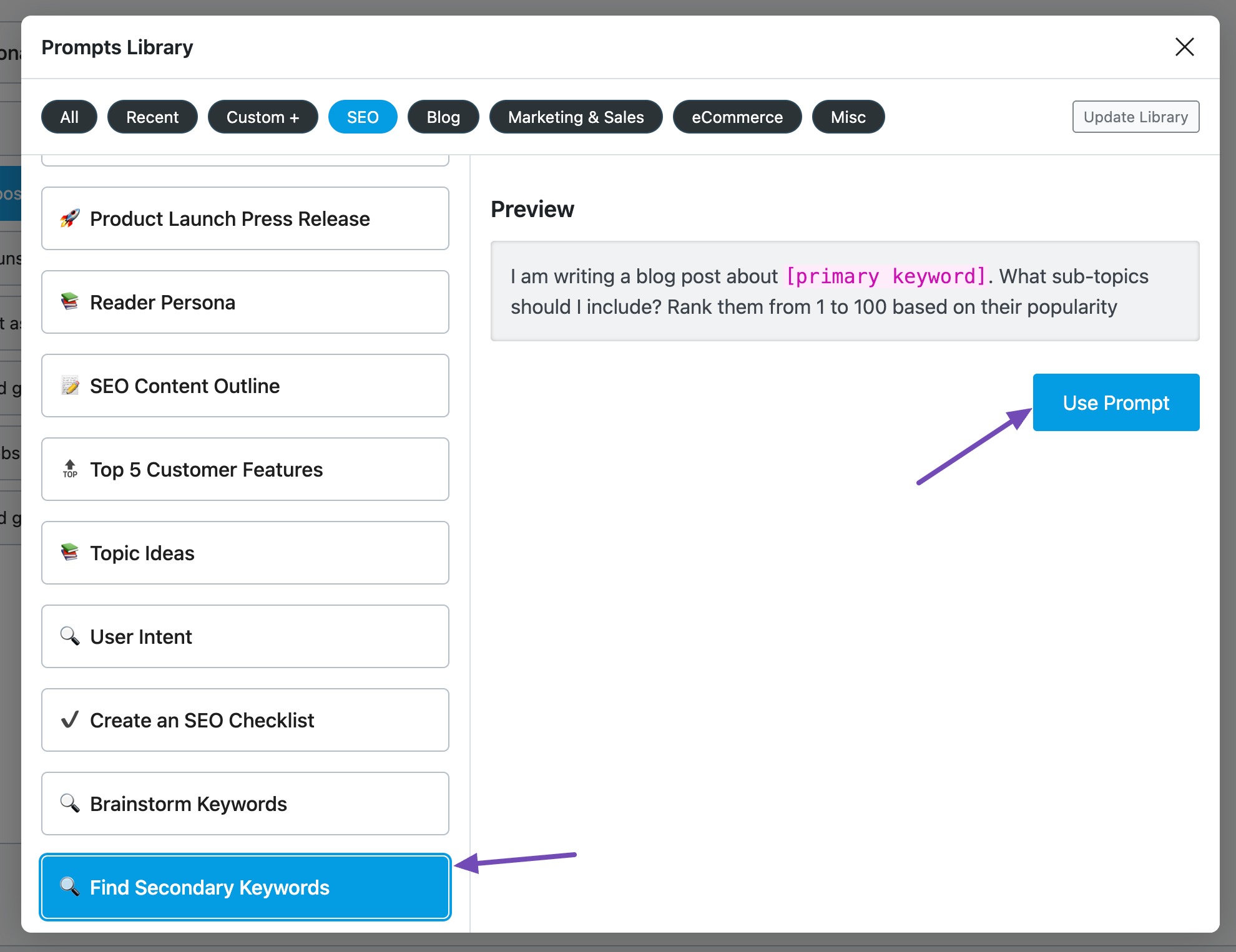 Find Secondary Keyword Prompt in RankBot