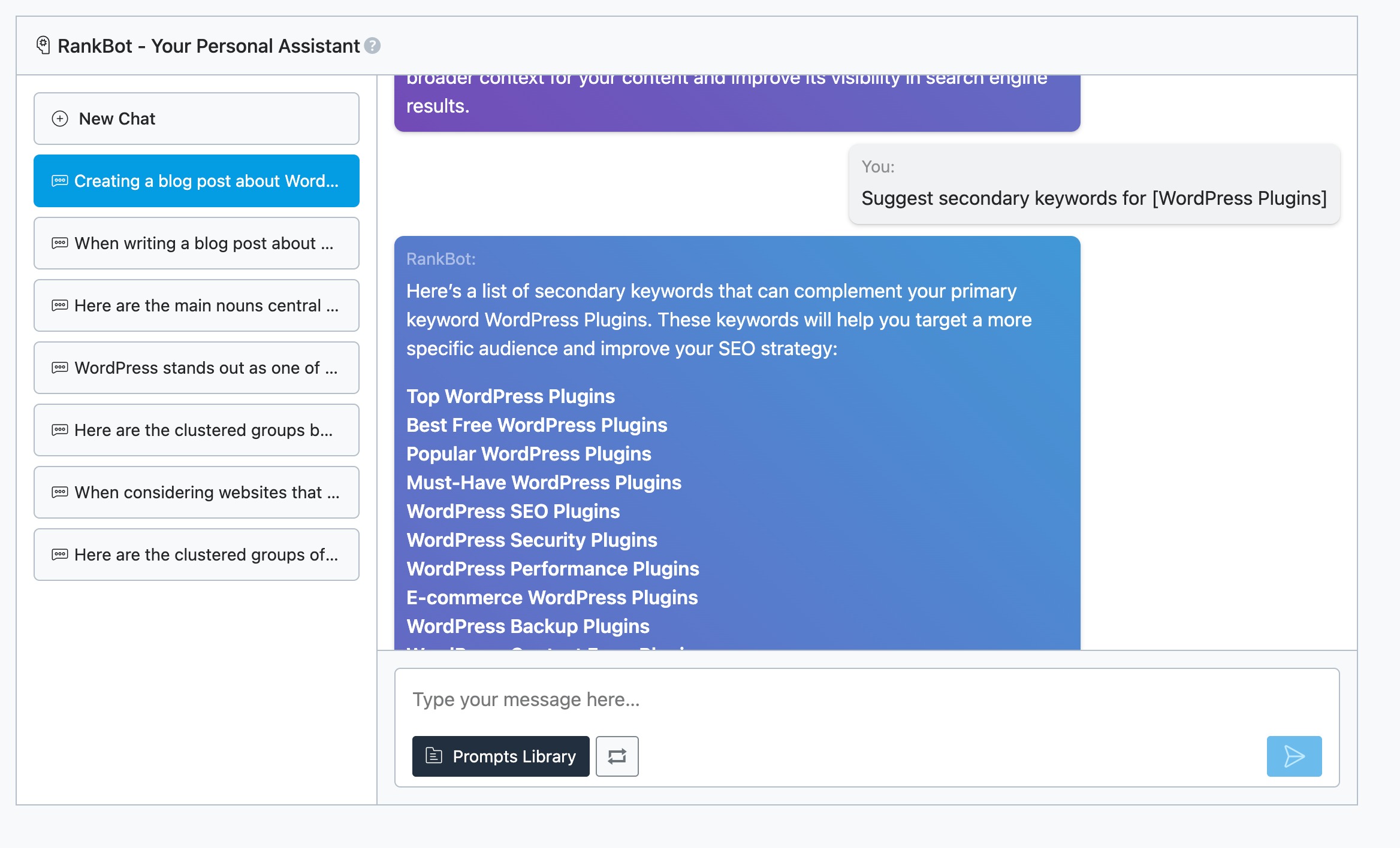 Secondary keywords using RankBot custom prompt.